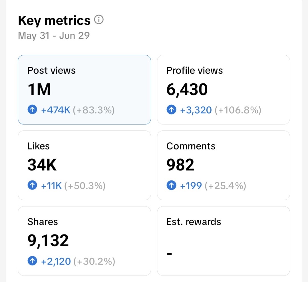 TikTok analytics for Nau Hostel: 1M post views in 30 days