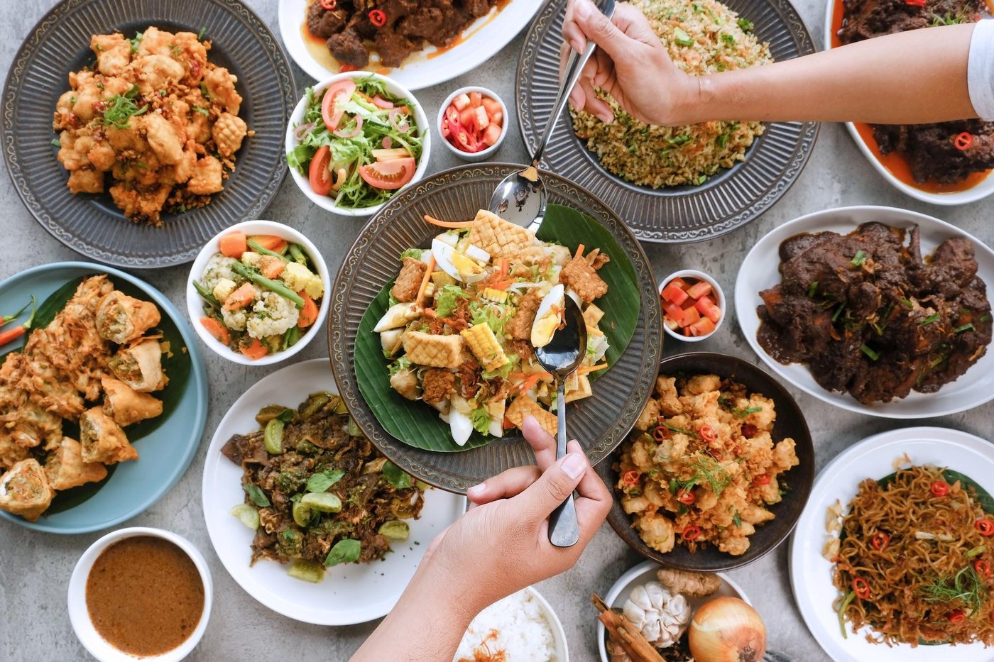 An overhead spread of shared dishes